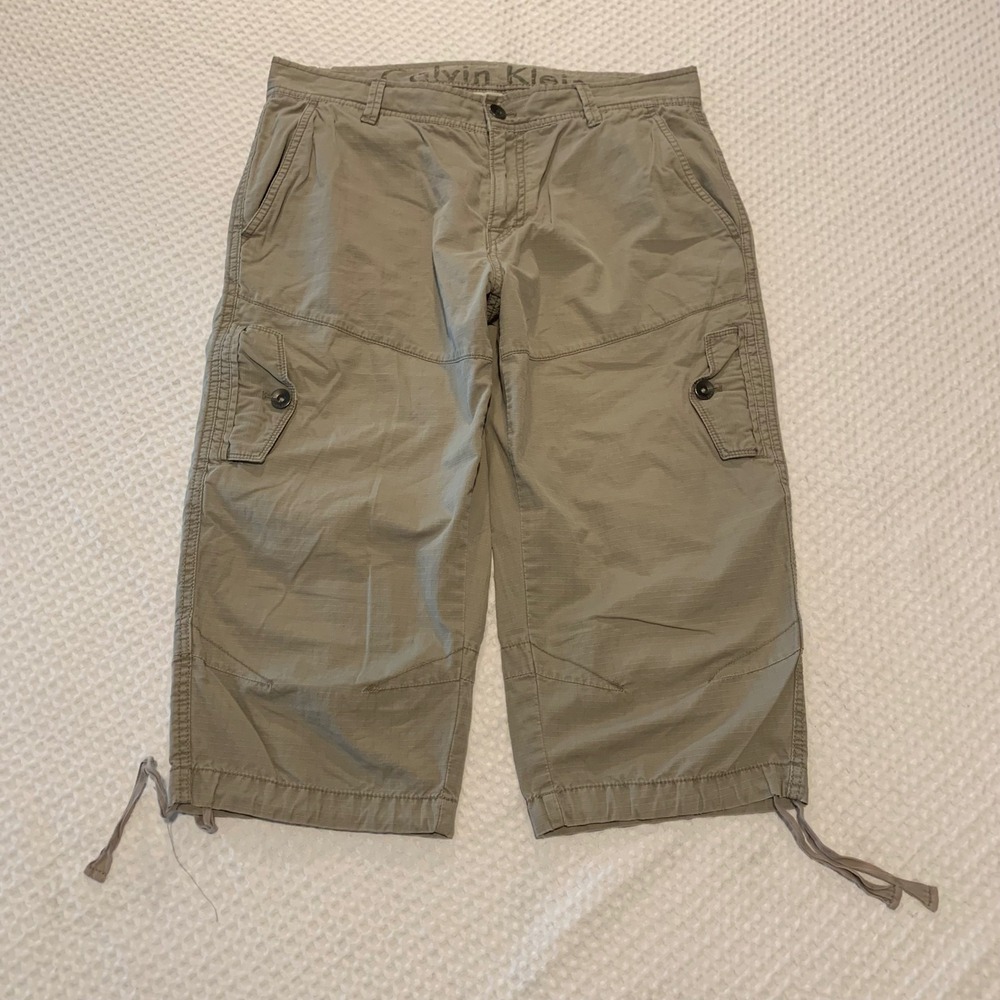 Calvin Klein Women Olive Green Ripstop Cargo Capri Pants Utility Cropped Size 12